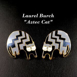 Vintage Laurel Burch "Aztec Cat" Post Earrings, Gold Plated, Black Gray Enamel